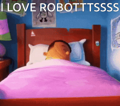 a cartoon character is sleeping in a bed with the words " i love robotttsss " written above him