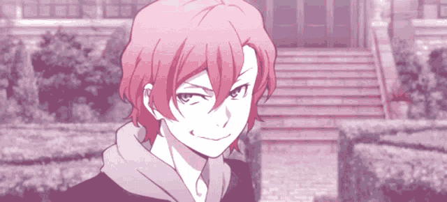a pink haired anime character is standing in front of a building