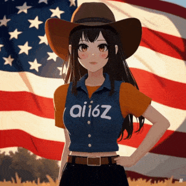 a girl wearing a cowboy hat and a vest that says aii6z stands in front of an american flag