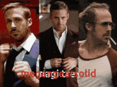 a collage of three pictures of a man with the words megangearsolid in red