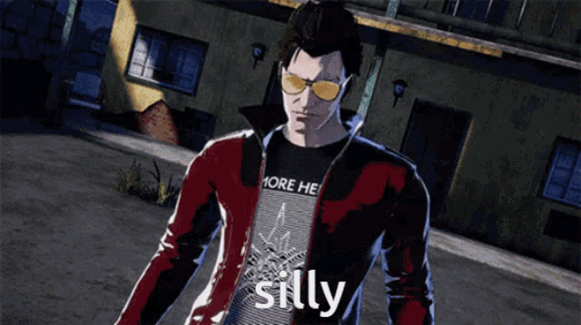 a man wearing sunglasses and a t-shirt that says more he silly