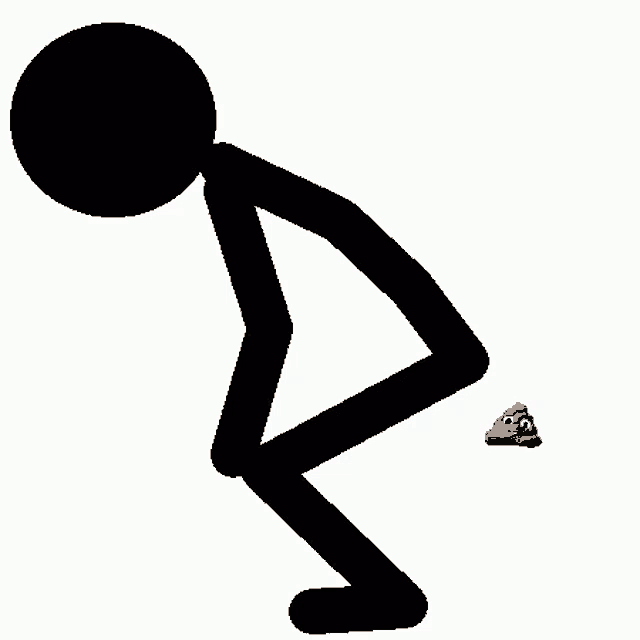 a stick figure is squatting down with a pile of poop in the background .