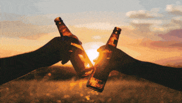 two people toasting with beer bottles in front of the sunset