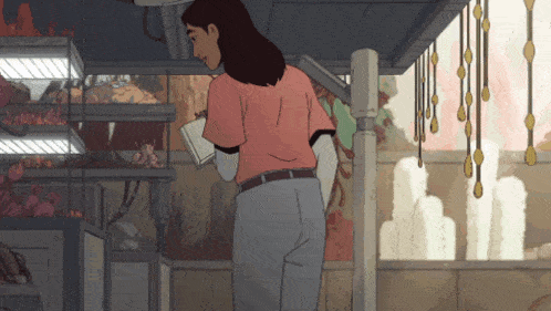 a cartoon drawing of a woman reading a book in a room