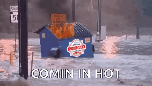 a dumpster with the word chicago on it is surrounded by water