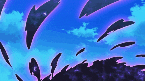a blue sky with purple feathers flying in the wind