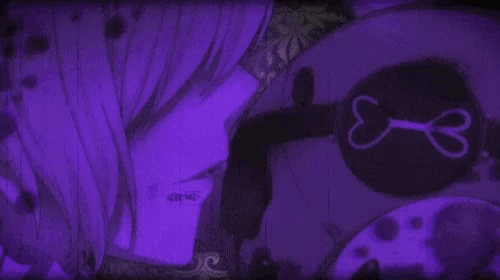 a girl with purple hair is holding a teddy bear