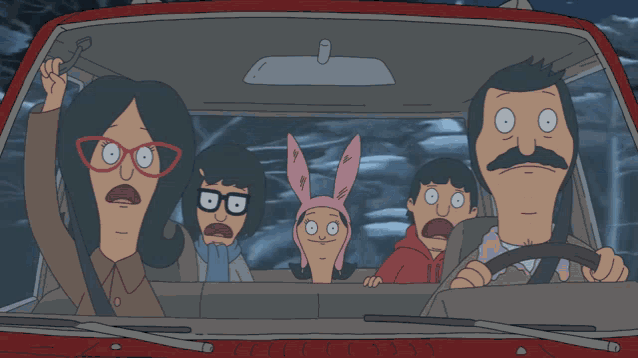 bob 's burgers characters driving a red car with a surprised look on their faces