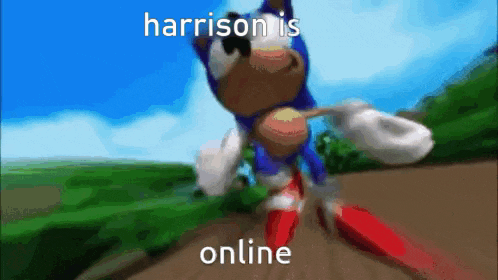a cartoon of sonic the hedgehog running down a road with the words `` harrison is online '' written on it .