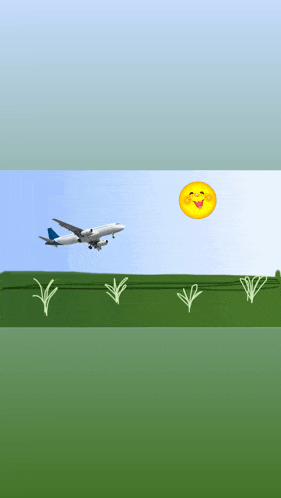 an airplane is flying over a grassy field with a smiling sun behind it
