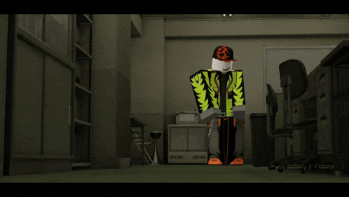 a cartoon character in a green and black outfit is standing in a room