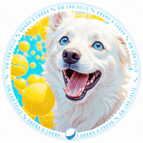 a picture of a white dog wearing blue glasses with a circle around it that says um cao feliz