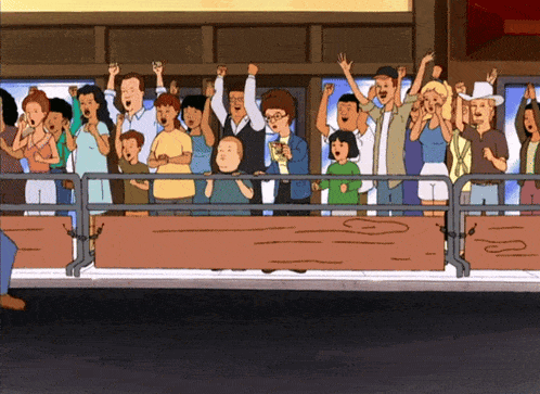 a cartoon of a crowd of people standing behind a fence