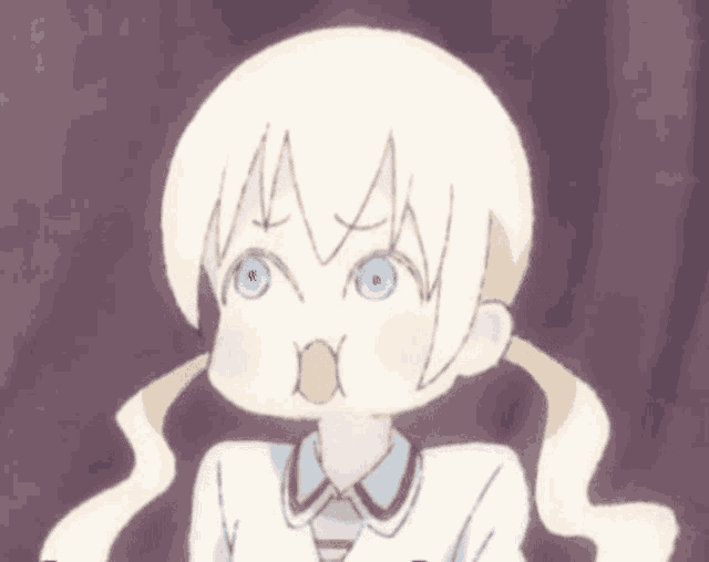 a cartoon girl with blonde hair and blue eyes is making a face .