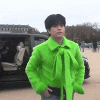a man wearing a neon green sweater and tie is standing in front of a car .