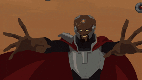a man in a red cape is standing on a pile of rocks surrounded by green glowing shapes