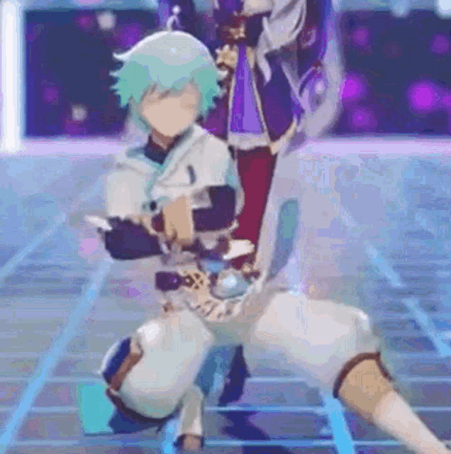 a couple of anime characters are dancing together on a stage in a video game .
