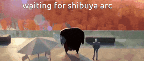 a sign that says waiting for shibuya arc with a cartoon character