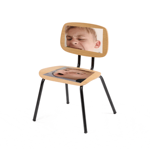 a child 's chair with a picture of a crying child on it