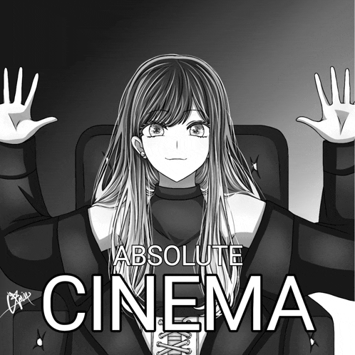 a black and white drawing of a girl sitting in a chair with the words absolute cinema above her