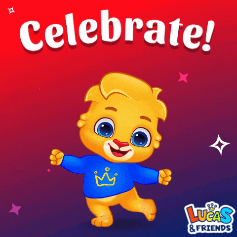 an advertisement for lucas and friends shows a lion wearing a blue shirt with a yellow crown on it