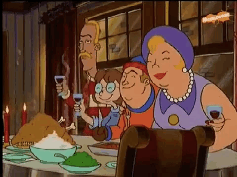 a cartoon of a family sitting around a table with a turkey on it .