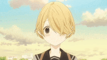 a young girl with blonde hair and big eyes is standing in front of a blue sky .