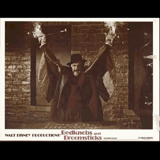 a movie poster for bedknobs and broomsticks shows a man holding a wand