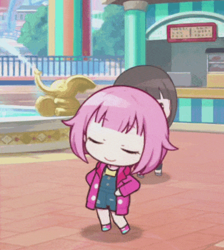 a girl with pink hair says good afternoon
