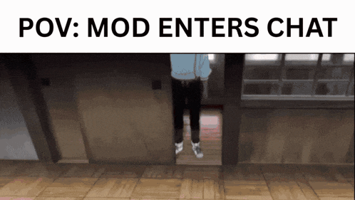 a picture of a person standing in a doorway with the words pov mod enters chat above them