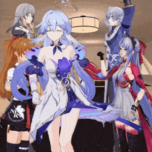 a group of anime characters are dancing in a room .