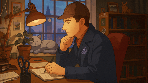 a man sits at a desk in front of a bookshelf that says ' sherlock holmes '