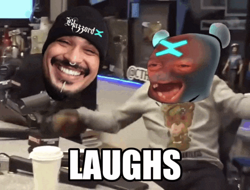 a man wearing a blizzard hat is laughing with another person