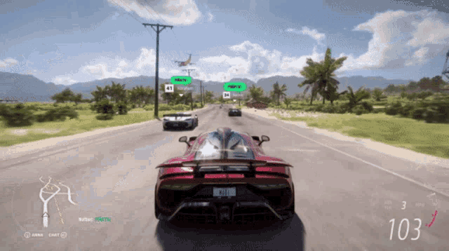 a red sports car is driving down a road in a video game with 103 on the screen