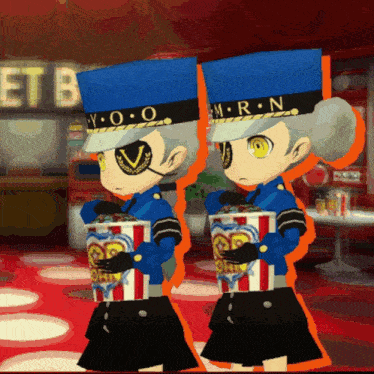 two cartoon characters are standing next to each other in front of a sign that says et b