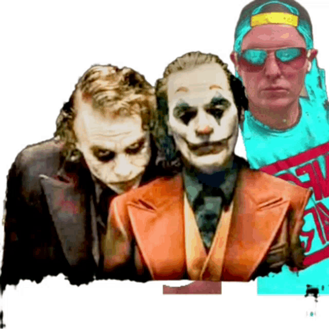 two jokers are standing next to each other with a man wearing sunglasses in the background