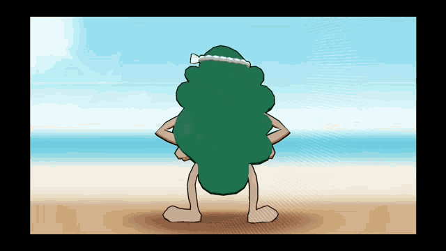 a cartoon character with green hair and pearls on his head stands on the beach