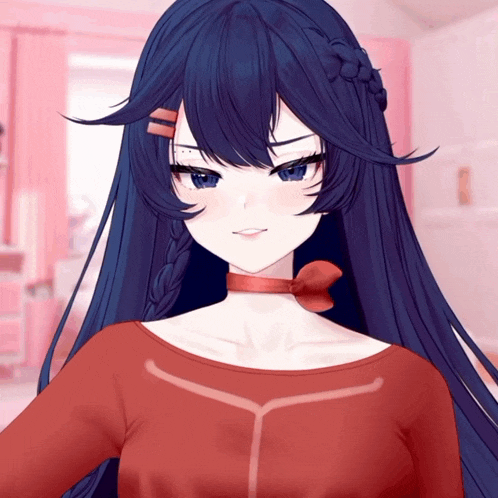 a girl with long dark hair and a red shirt looks angry