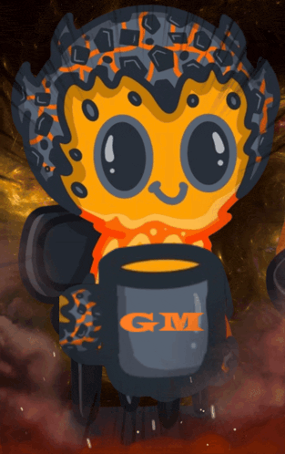 a cartoon character holding a cup with the letter gm on it