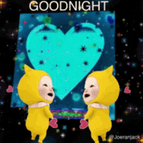 two yellow cartoon characters are standing next to each other in front of a screen with a heart on it .