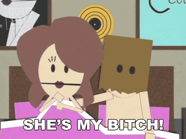 a cartoon says she 's my bitch while a man with a paper bag on his head looks on
