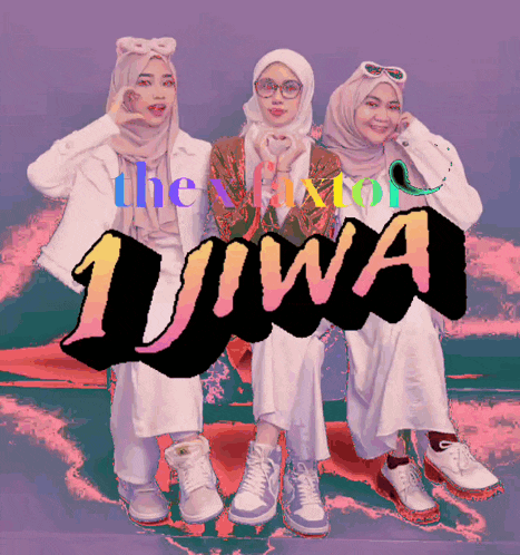 a group of three women are sitting in front of a sign that says the mixtor 1jiwa