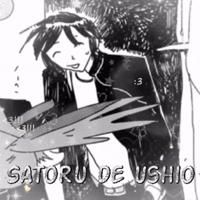 a black and white drawing of a person with the name satoru de ushio on it