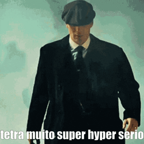 a man in a suit and tie is walking with the words tetra muito super hyper serio written below him