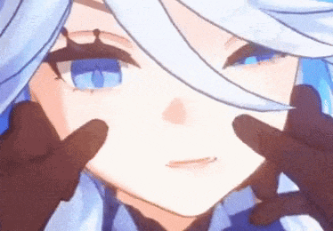 a close up of a girl with blue eyes and white hair making a peace sign .