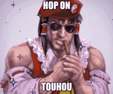 a man wearing sunglasses and a red hat says hop on touhou on the bottom