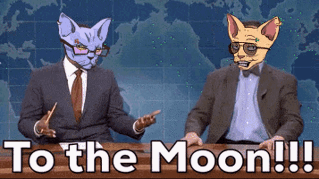 two men in suits and ties are sitting at a table with the words to the moon written in white