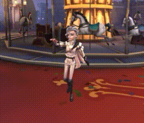 a cartoon character is standing in front of a merry go round .