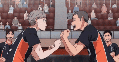 a couple of volleyball players are standing next to each other in a stadium .