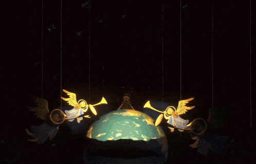 a painting of angels and a globe with a chandelier